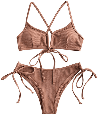 ZAFUL Women's V-Wire Padded Ribbed High Cut Cami Bikini Set Two Piece Swimsuit Apparel & Accessories > Clothing > Swimwear ZAFUL Wj-brown Small 