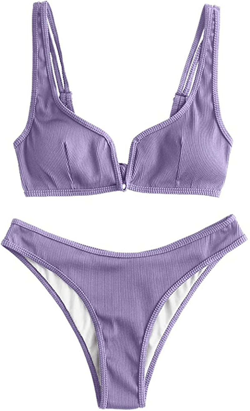 ZAFUL Women's V-Wire Padded Ribbed High Cut Cami Bikini Set Two Piece Swimsuit Apparel & Accessories > Clothing > Swimwear ZAFUL Wk-mauve Large 