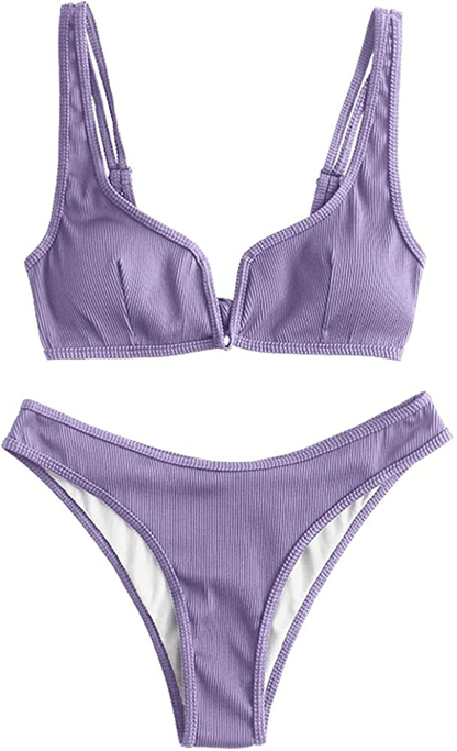 ZAFUL Women's V-Wire Padded Ribbed High Cut Cami Bikini Set Two Piece Swimsuit Apparel & Accessories > Clothing > Swimwear ZAFUL Wk-mauve Large 