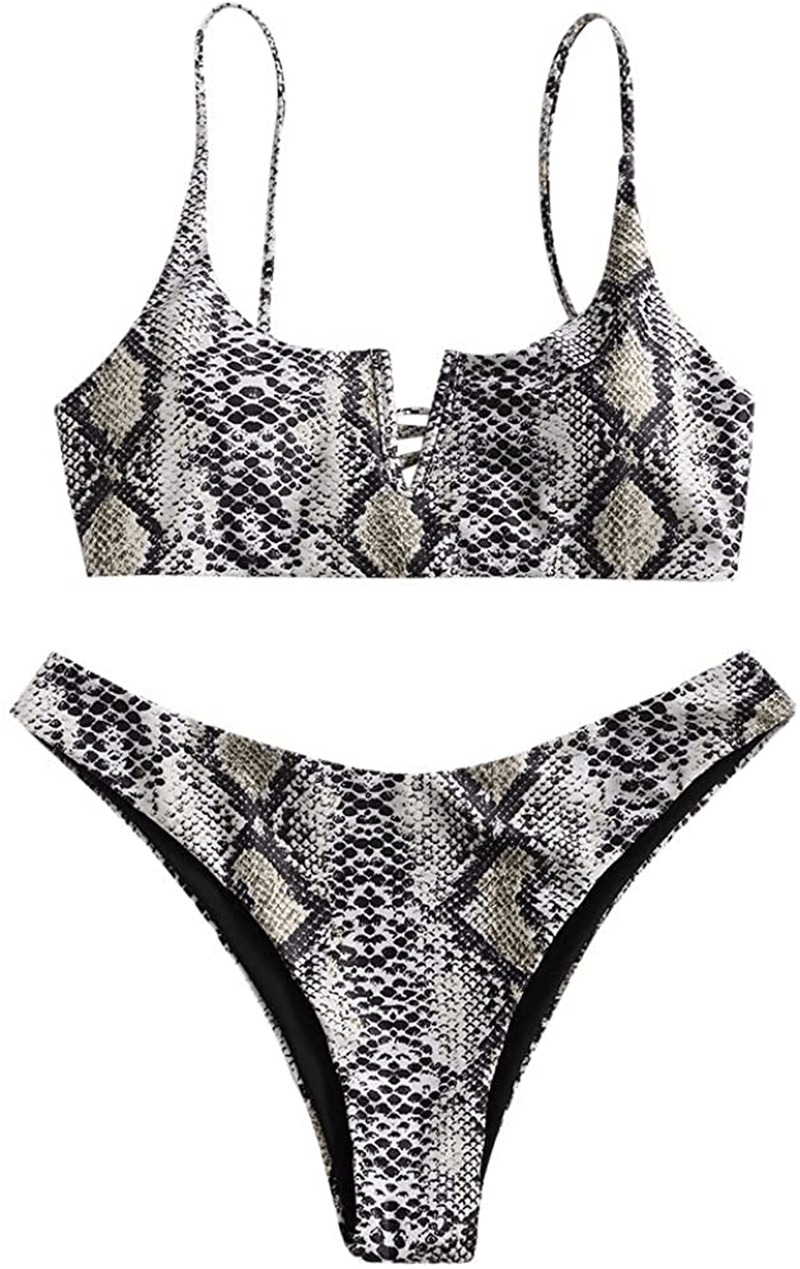 ZAFUL Women's V-Wire Padded Ribbed High Cut Cami Bikini Set Two Piece Swimsuit Apparel & Accessories > Clothing > Swimwear ZAFUL Y-multi-a Medium 