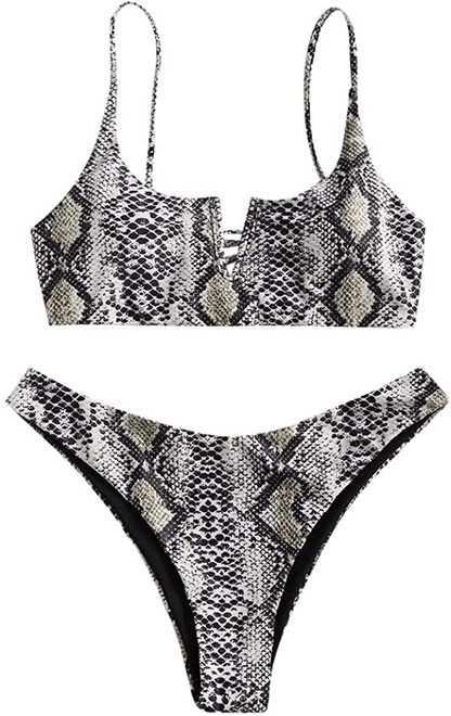ZAFUL Women's V-Wire Padded Ribbed High Cut Cami Bikini Set Two Piece Swimsuit Apparel & Accessories > Clothing > Swimwear ZAFUL Y-multi-a Medium 