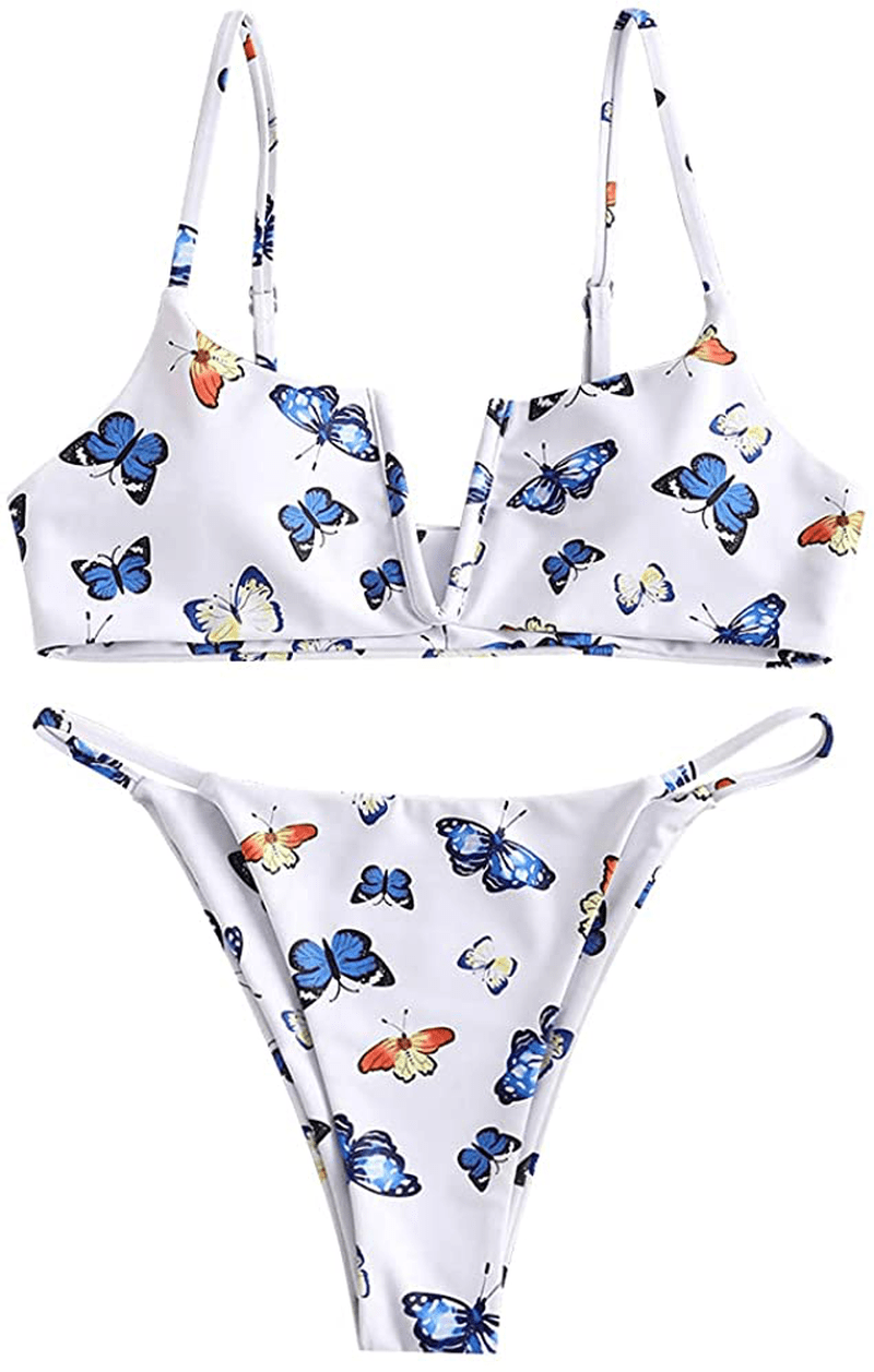 ZAFUL Women's V-Wire Padded Ribbed High Cut Cami Bikini Set Two Piece Swimsuit Apparel & Accessories > Clothing > Swimwear ZAFUL F-white Medium 