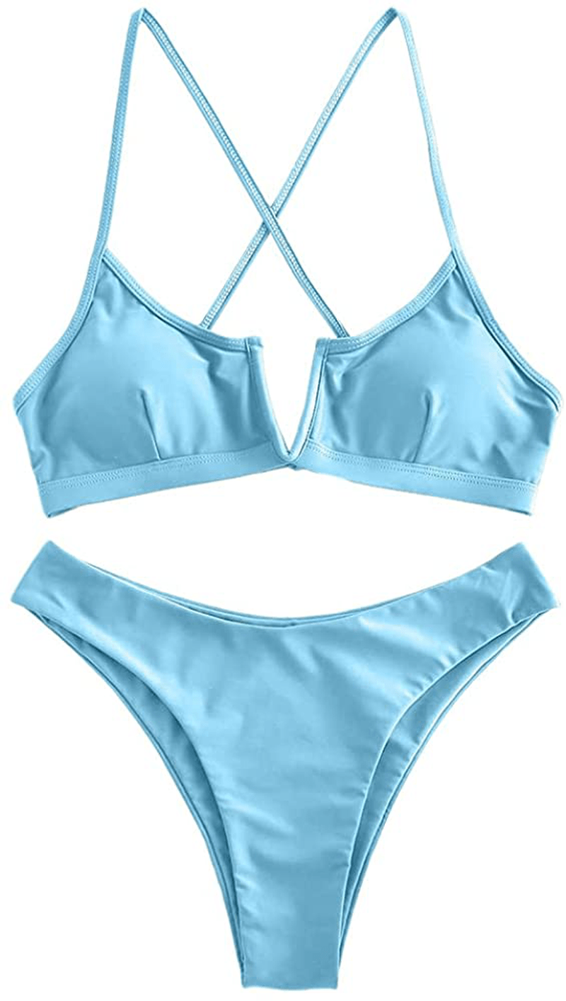 ZAFUL Women's V-Wire Padded Ribbed High Cut Cami Bikini Set Two Piece Swimsuit Apparel & Accessories > Clothing > Swimwear ZAFUL G-day Sky Blue Small 