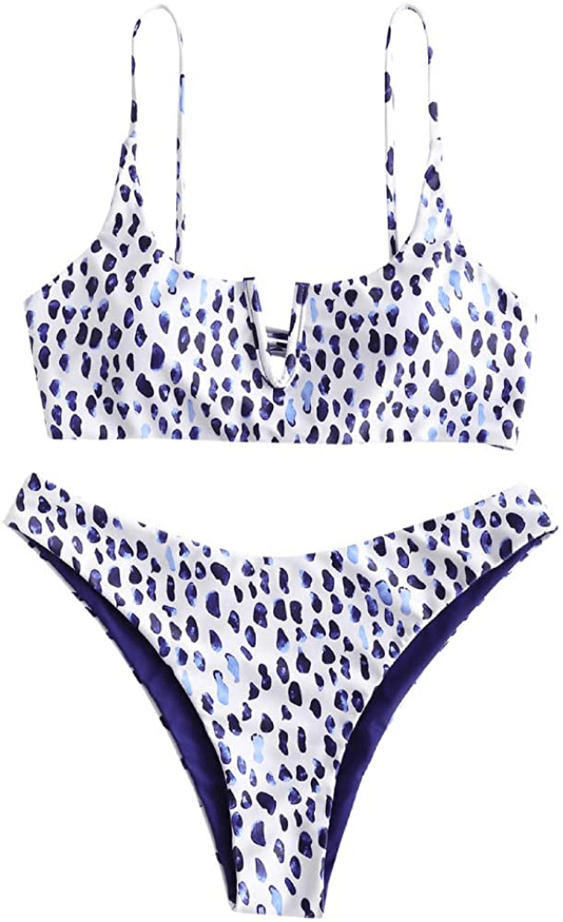 ZAFUL Women's V-Wire Padded Ribbed High Cut Cami Bikini Set Two Piece Swimsuit Apparel & Accessories > Clothing > Swimwear ZAFUL Y-multi-c Small 