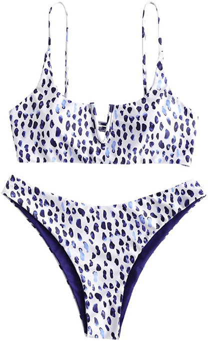 ZAFUL Women's V-Wire Padded Ribbed High Cut Cami Bikini Set Two Piece Swimsuit Apparel & Accessories > Clothing > Swimwear ZAFUL Y-multi-c Small 