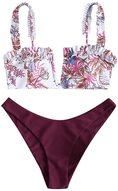 ZAFUL Women's V-Wire Padded Ribbed High Cut Cami Bikini Set Two Piece Swimsuit Apparel & Accessories > Clothing > Swimwear ZAFUL B-maroon Medium 