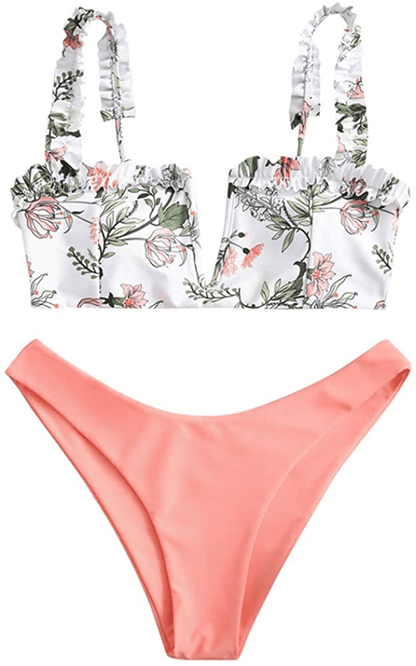 ZAFUL Women's V-Wire Padded Ribbed High Cut Cami Bikini Set Two Piece Swimsuit Apparel & Accessories > Clothing > Swimwear ZAFUL B-orange Pink Medium 