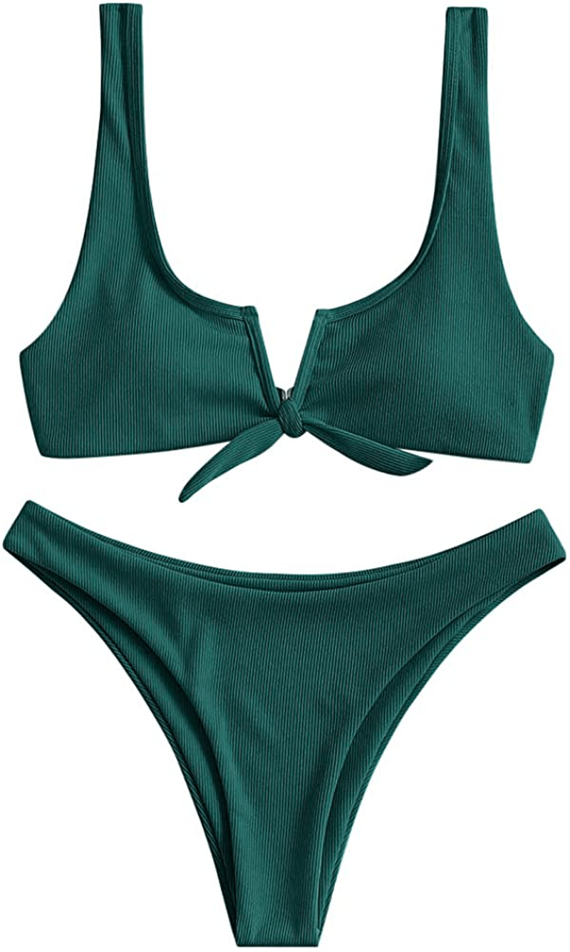 ZAFUL Women's V-Wire Padded Ribbed High Cut Cami Bikini Set Two Piece Swimsuit Apparel & Accessories > Clothing > Swimwear ZAFUL D-greenish Blue Medium 