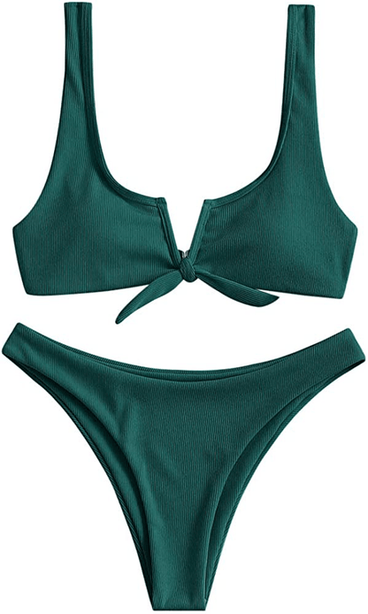 ZAFUL Women's V-Wire Padded Ribbed High Cut Cami Bikini Set Two Piece Swimsuit Apparel & Accessories > Clothing > Swimwear ZAFUL D-greenish Blue Medium 