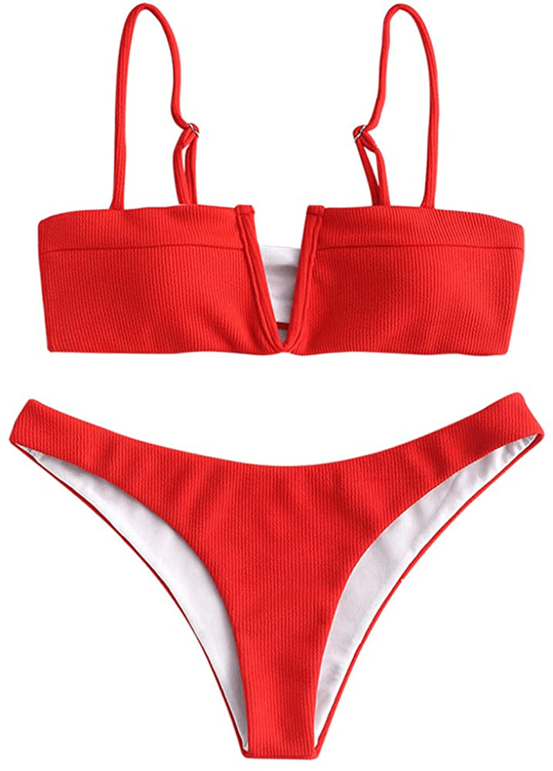 ZAFUL Women's V-Wire Padded Ribbed High Cut Cami Bikini Set Two Piece Swimsuit Apparel & Accessories > Clothing > Swimwear ZAFUL Wl-lava Red Medium 