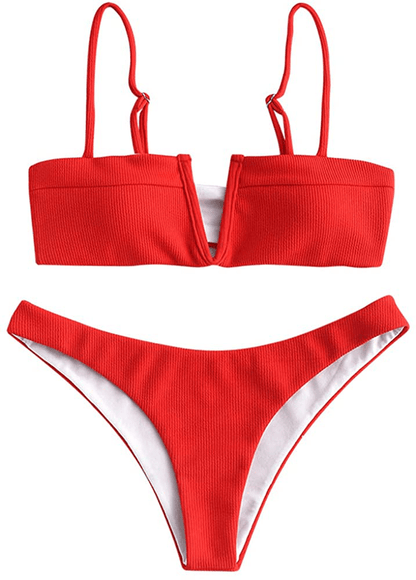ZAFUL Women's V-Wire Padded Ribbed High Cut Cami Bikini Set Two Piece Swimsuit Apparel & Accessories > Clothing > Swimwear ZAFUL Wl-lava Red Medium 