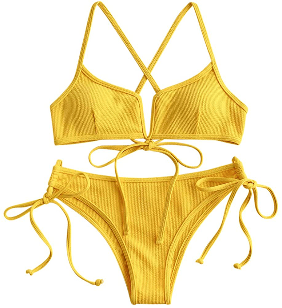 ZAFUL Women's V-Wire Padded Ribbed High Cut Cami Bikini Set Two Piece Swimsuit Apparel & Accessories > Clothing > Swimwear ZAFUL Wj-yellow Small 