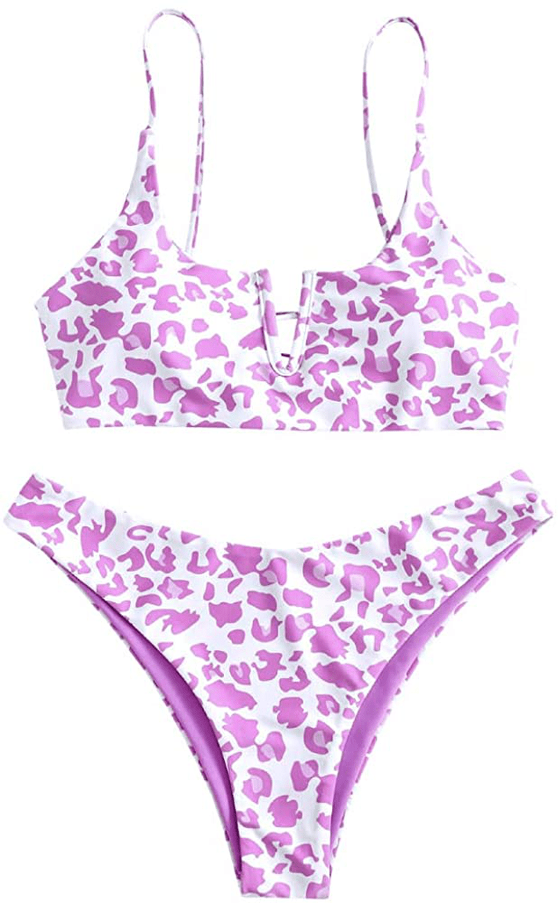 ZAFUL Women's V-Wire Padded Ribbed High Cut Cami Bikini Set Two Piece Swimsuit Apparel & Accessories > Clothing > Swimwear ZAFUL Y-multi-d Medium 