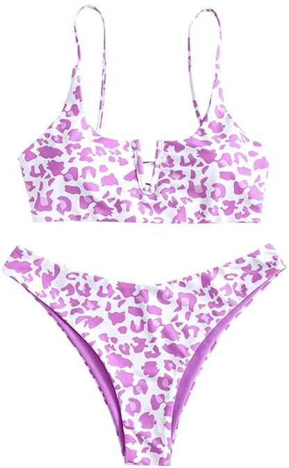 ZAFUL Women's V-Wire Padded Ribbed High Cut Cami Bikini Set Two Piece Swimsuit Apparel & Accessories > Clothing > Swimwear ZAFUL Y-multi-d Medium 
