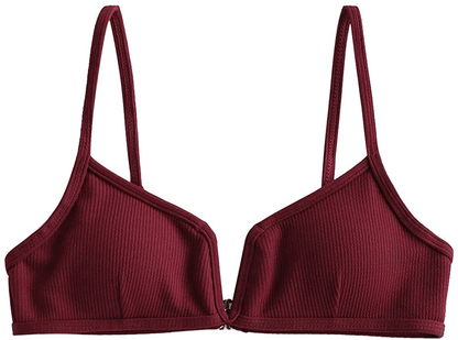 ZAFUL Women's V-Wire Padded Ribbed High Cut Cami Bikini Set Two Piece Swimsuit Apparel & Accessories > Clothing > Swimwear ZAFUL X-top Wine Large 