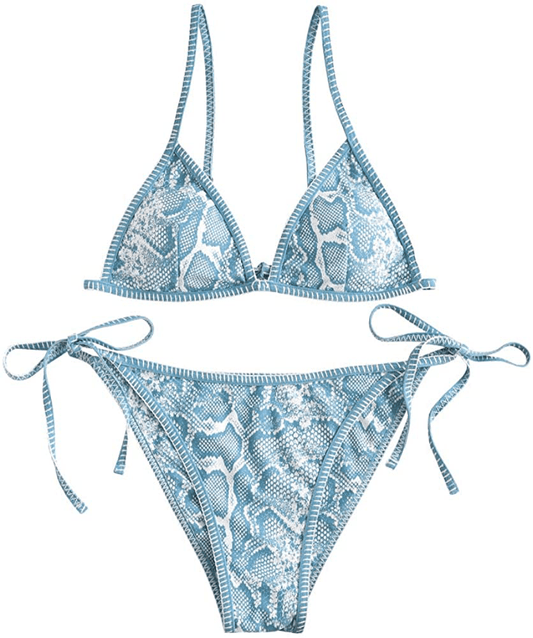 ZAFUL Women's Whip Stitch Textured String Triangle Bikini Set Two Piece Swimsuit Apparel & Accessories > Clothing > Swimwear ZAFUL C-light Blue Small 