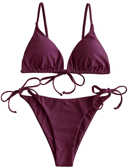 ZAFUL Women's Whip Stitch Textured String Triangle Bikini Set Two Piece Swimsuit Apparel & Accessories > Clothing > Swimwear ZAFUL Solid-plum Pie Large 