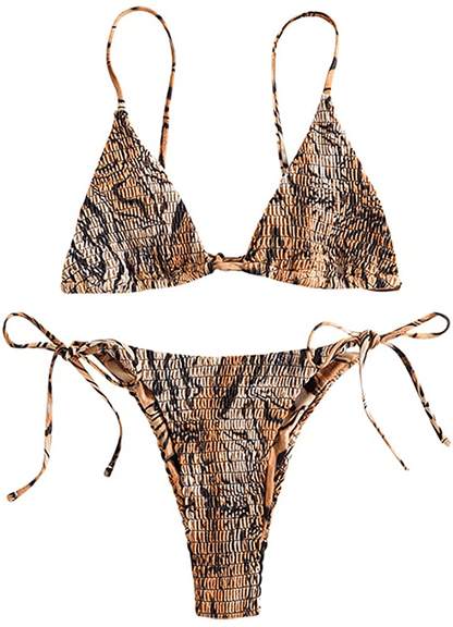 ZAFUL Women's Whip Stitch Textured String Triangle Bikini Set Two Piece Swimsuit Apparel & Accessories > Clothing > Swimwear ZAFUL F-brown Small 