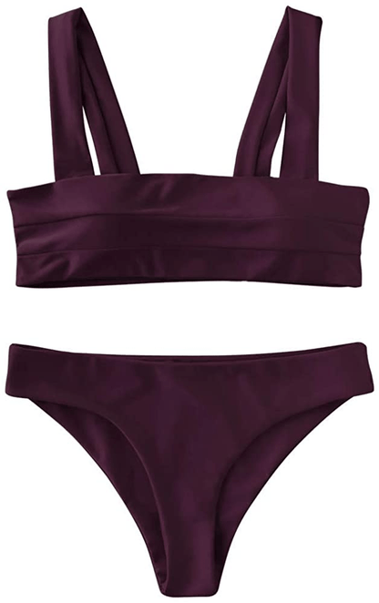ZAFUL Women's Wide Straps Padded Bandeau Bikini Set Apparel & Accessories > Clothing > Swimwear ZAFUL Merlot Small 