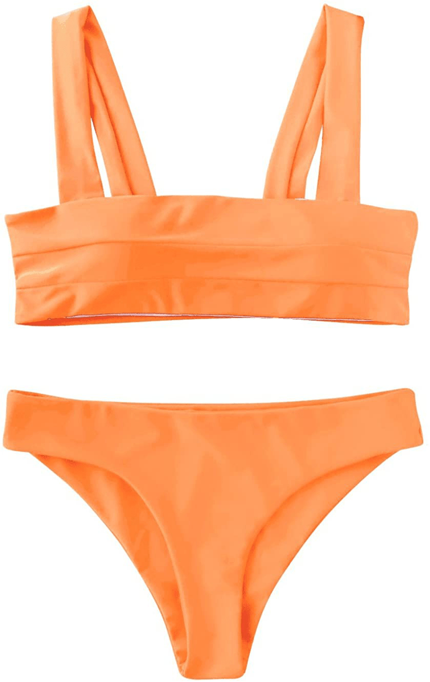 ZAFUL Women's Wide Straps Padded Bandeau Bikini Set Apparel & Accessories > Clothing > Swimwear ZAFUL Neon Orange Small 