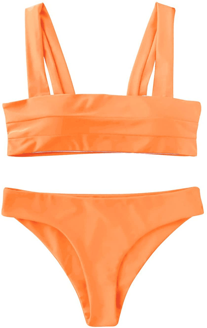 ZAFUL Women's Wide Straps Padded Bandeau Bikini Set Apparel & Accessories > Clothing > Swimwear ZAFUL Neon Orange Small 
