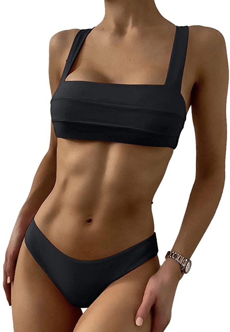 ZAFUL Women's Wide Straps Padded Bandeau Bikini Set Apparel & Accessories > Clothing > Swimwear ZAFUL Black Small 