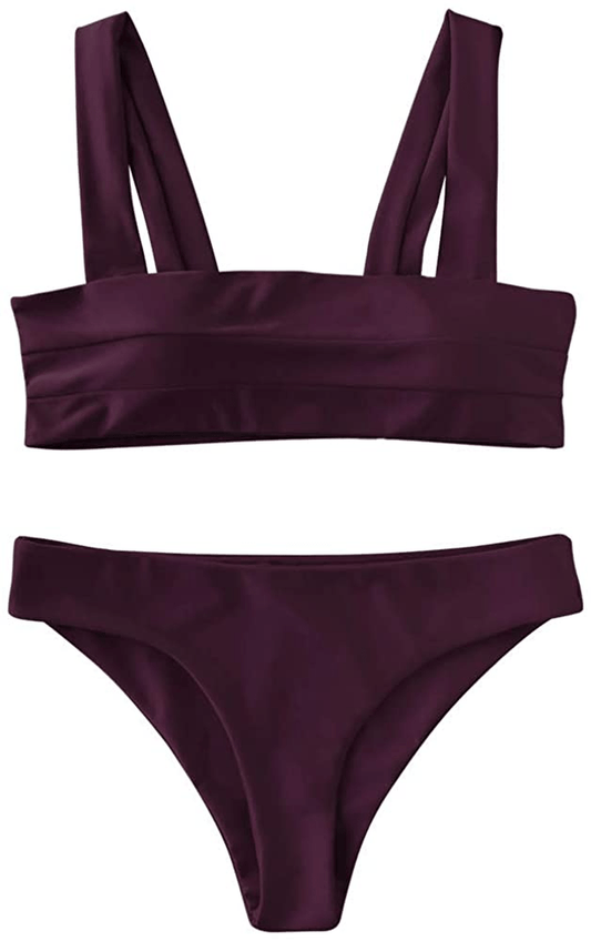 ZAFUL Women's Wide Straps Padded Bandeau Bikini Set Apparel & Accessories > Clothing > Swimwear ZAFUL Merlot Small 