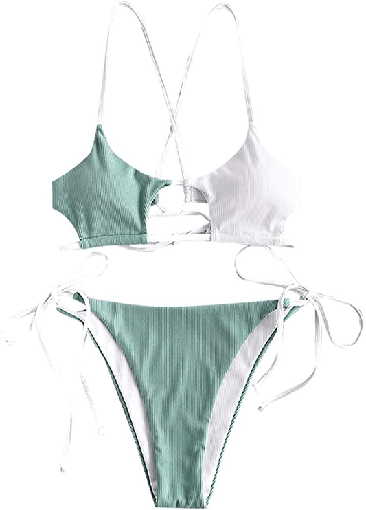ZAFUL Womens Ribbed Braided Cut Out Bikini Set Sexy Adjustable Straps Two Piece Swimsuits Apparel & Accessories > Clothing > Swimwear ZAFUL Green&white Medium 