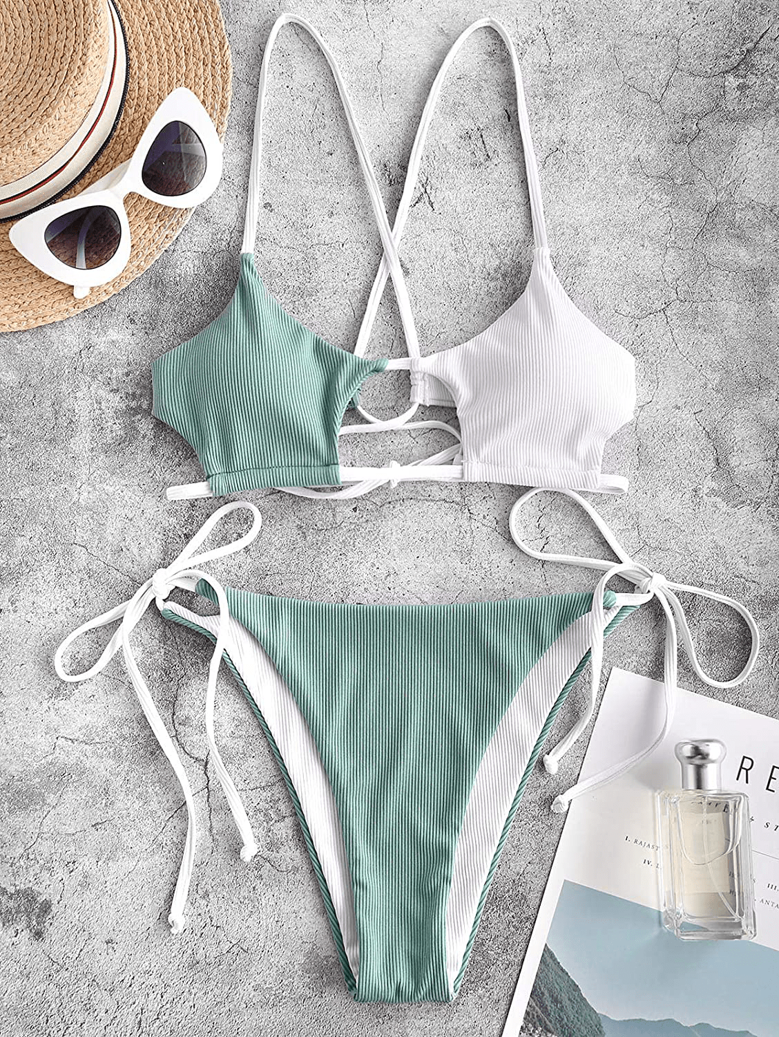 ZAFUL Womens Ribbed Braided Cut Out Bikini Set Sexy Adjustable Straps Two Piece Swimsuits Apparel & Accessories > Clothing > Swimwear ZAFUL   