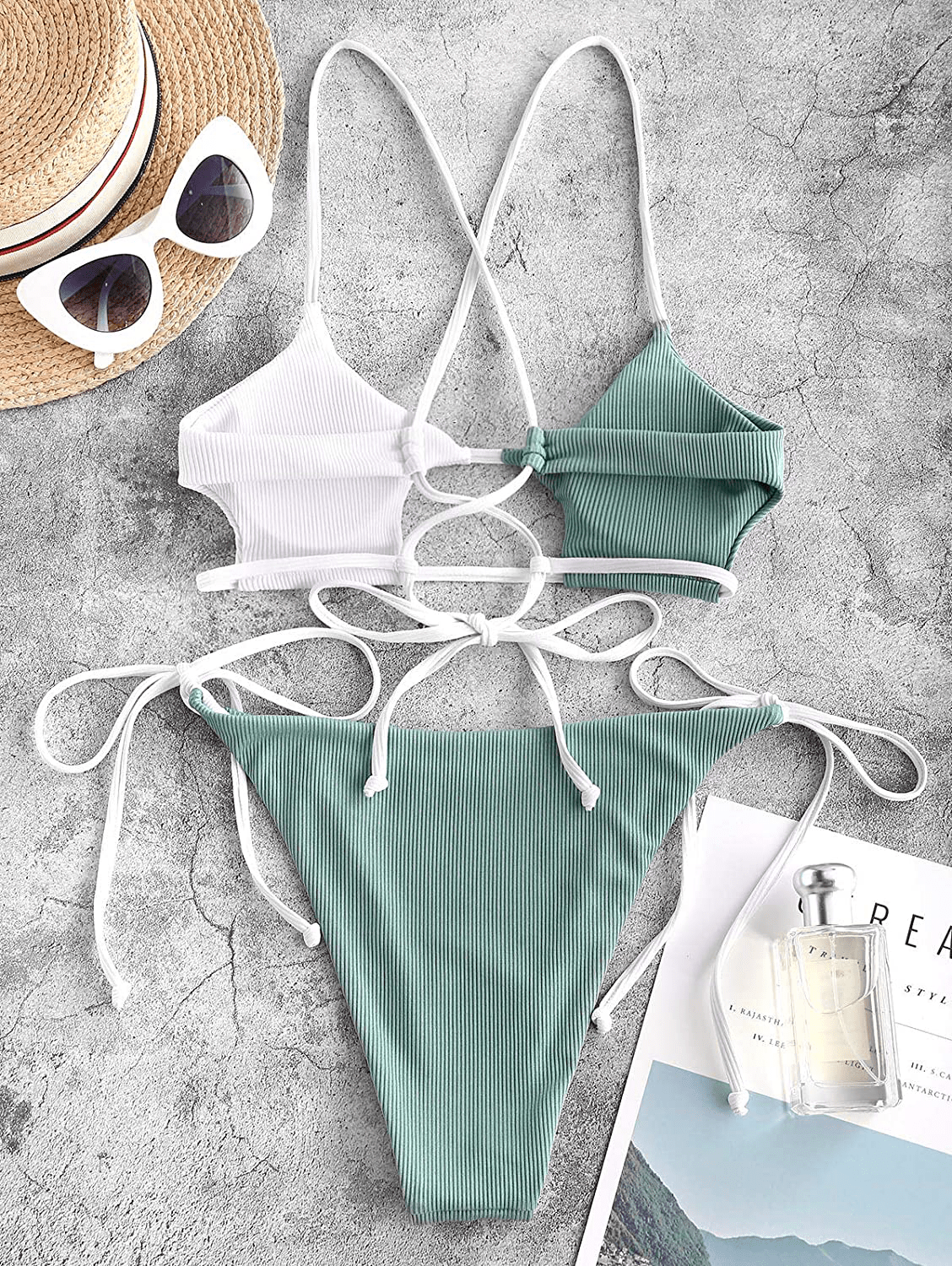 ZAFUL Womens Ribbed Braided Cut Out Bikini Set Sexy Adjustable Straps Two Piece Swimsuits Apparel & Accessories > Clothing > Swimwear ZAFUL   