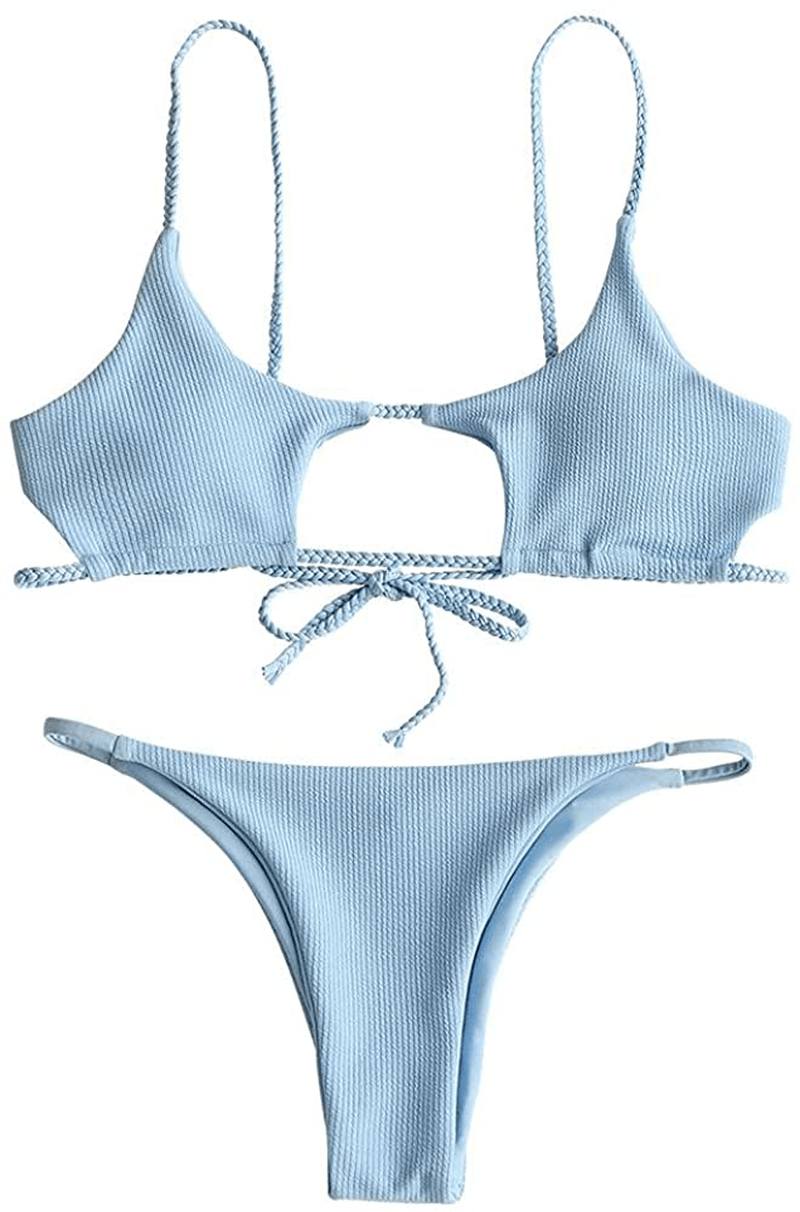 ZAFUL Womens Ribbed Braided Cut Out Bikini Set Sexy Adjustable Straps Two Piece Swimsuits Apparel & Accessories > Clothing > Swimwear ZAFUL Light Blue Medium 