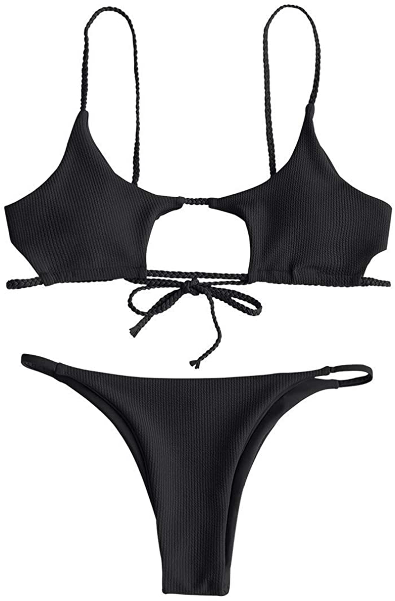 ZAFUL Womens Ribbed Braided Cut Out Bikini Set Sexy Adjustable Straps Two Piece Swimsuits Apparel & Accessories > Clothing > Swimwear ZAFUL Black Small 