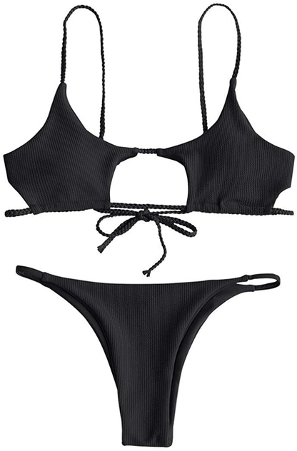 ZAFUL Womens Ribbed Braided Cut Out Bikini Set Sexy Adjustable Straps Two Piece Swimsuits Apparel & Accessories > Clothing > Swimwear ZAFUL Black Small 
