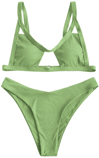 ZAFUL Womens Ribbed Braided Cut Out Bikini Set Sexy Adjustable Straps Two Piece Swimsuits Apparel & Accessories > Clothing > Swimwear ZAFUL Green#d Medium 