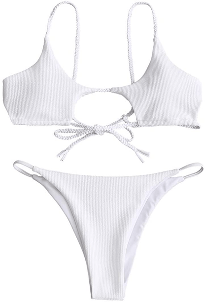 ZAFUL Womens Ribbed Braided Cut Out Bikini Set Sexy Adjustable Straps Two Piece Swimsuits Apparel & Accessories > Clothing > Swimwear ZAFUL White Medium 