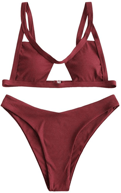 ZAFUL Womens Ribbed Braided Cut Out Bikini Set Sexy Adjustable Straps Two Piece Swimsuits Apparel & Accessories > Clothing > Swimwear ZAFUL Red-1 Small 