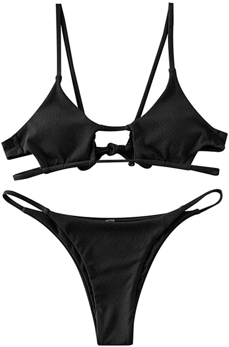 ZAFUL Womens Ribbed Braided Cut Out Bikini Set Sexy Adjustable Straps Two Piece Swimsuits Apparel & Accessories > Clothing > Swimwear ZAFUL Black Koi Medium 