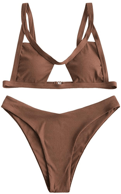 ZAFUL Womens Ribbed Braided Cut Out Bikini Set Sexy Adjustable Straps Two Piece Swimsuits Apparel & Accessories > Clothing > Swimwear ZAFUL Brown#d Medium 
