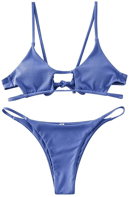 ZAFUL Womens Ribbed Braided Cut Out Bikini Set Sexy Adjustable Straps Two Piece Swimsuits Apparel & Accessories > Clothing > Swimwear ZAFUL Blue Koi Small 