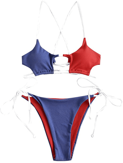 ZAFUL Womens Ribbed Braided Cut Out Bikini Set Sexy Adjustable Straps Two Piece Swimsuits Apparel & Accessories > Clothing > Swimwear ZAFUL Red&blue Medium 