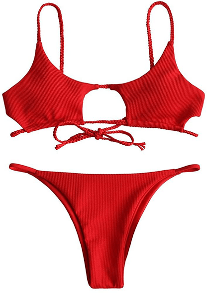 ZAFUL Womens Ribbed Braided Cut Out Bikini Set Sexy Adjustable Straps Two Piece Swimsuits Apparel & Accessories > Clothing > Swimwear ZAFUL Red Small 