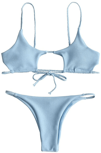 ZAFUL Womens Ribbed Braided Cut Out Bikini Set Sexy Adjustable Straps Two Piece Swimsuits Apparel & Accessories > Clothing > Swimwear ZAFUL Light Blue Medium 