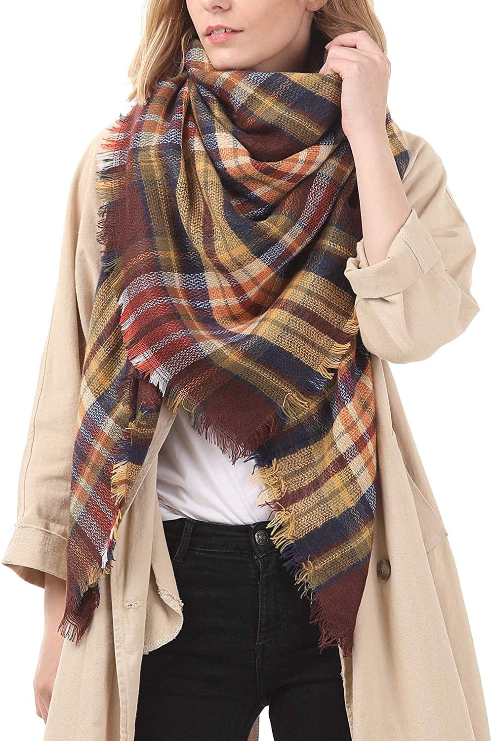Zando Plaid Blanket Thick Winter Scarf Tartan Chunky Wrap Oversized Shawl Cape Scarves Apparel & Accessories > Clothing Accessories > Scarves & Shawls KYLIE MAX   