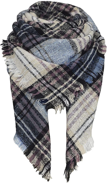 Zando Plaid Blanket Thick Winter Scarf Tartan Chunky Wrap Oversized Shawl Cape Scarves Apparel & Accessories > Clothing Accessories > Scarves & Shawls KYLIE MAX Yy Blue Beige Stripe One Size 