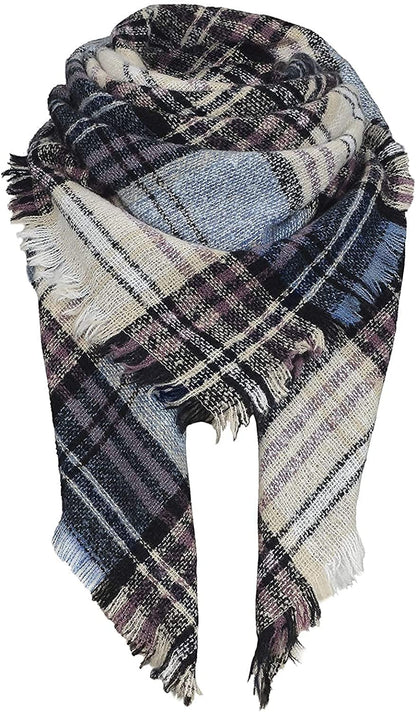 Zando Plaid Blanket Thick Winter Scarf Tartan Chunky Wrap Oversized Shawl Cape Scarves Apparel & Accessories > Clothing Accessories > Scarves & Shawls KYLIE MAX Yy Blue Beige Stripe One Size 