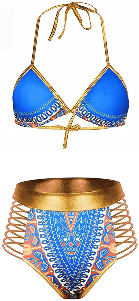 Zando Women Tribal Print Bikini African Metallic Swimsuit Two Piece Beachwear Cutout Halter Neck Bathing Suit Swimwear Apparel & Accessories > Clothing > Swimwear Zando Blue 14-16 
