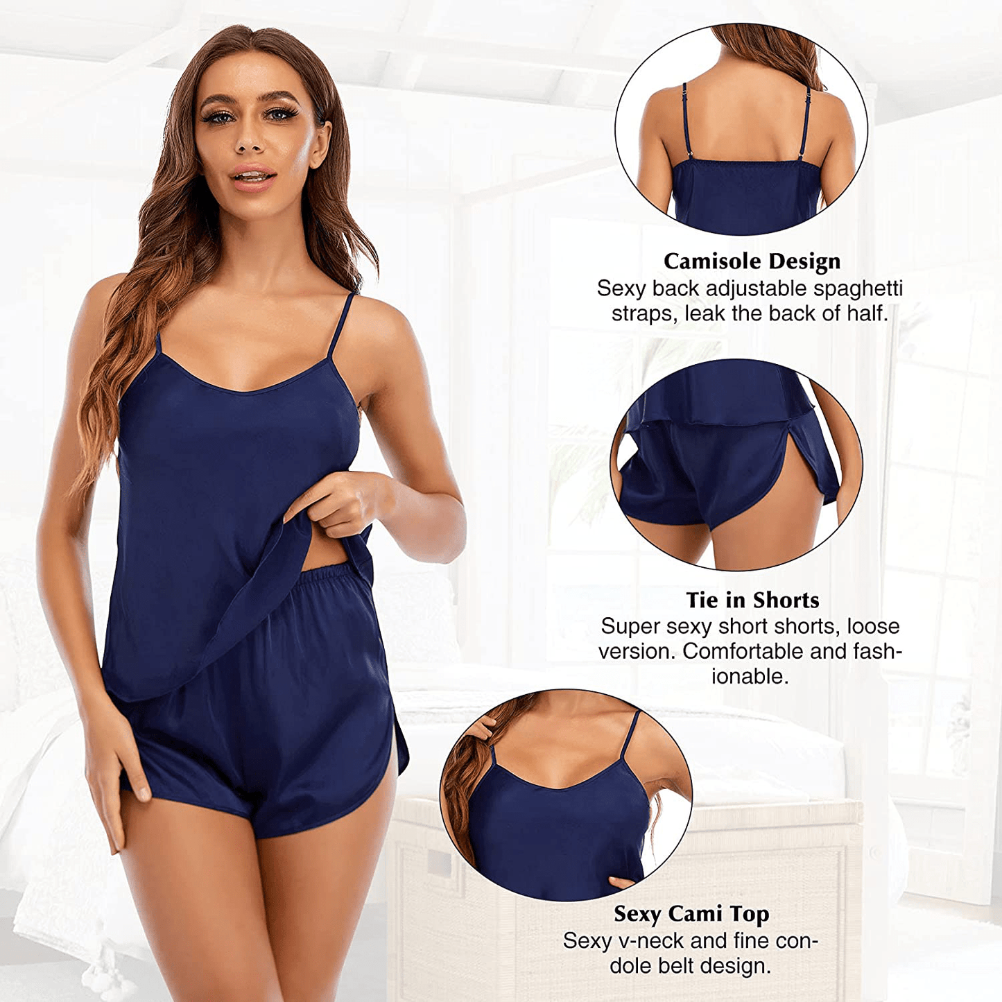 Zando Womens Satin Summer Pajama Silk Sleepwear Lingerie Shorts 2 Piece Cami Pajamas Set Sexy Back Nightwear PJ Sets Apparel & Accessories > Clothing > Sleepwear & Loungewear Kylie Max   