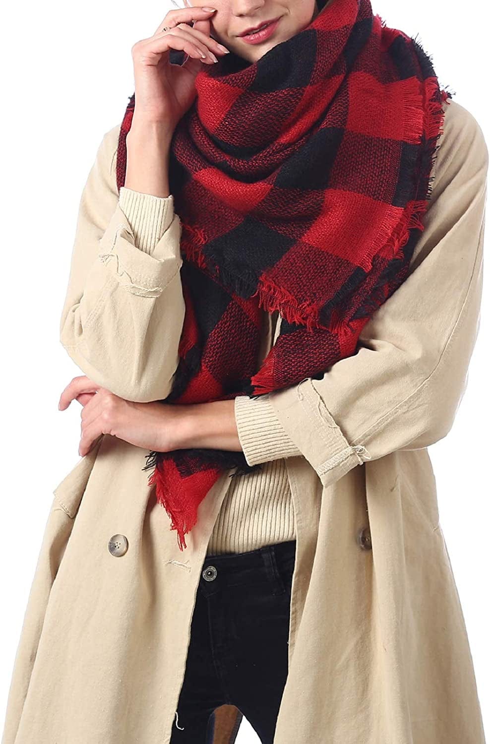 Zando Womens Winter Scarf Tassel Plaid Scarf Chunky Blanket Scarves Soft Lightweight Blanket Thick Large Wrap Shawl 2 Apparel & Accessories > Clothing Accessories > Scarves & Shawls Zando   