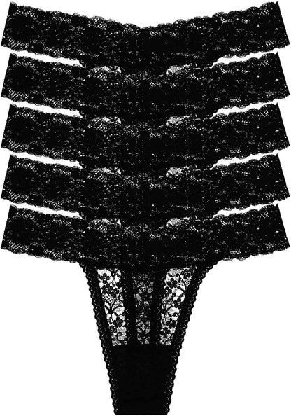 ZBORH Women'S Sexy Lace Cheeky Thong Underwear Nylon Hipster See through Panties Pack of 5 Black / Medium