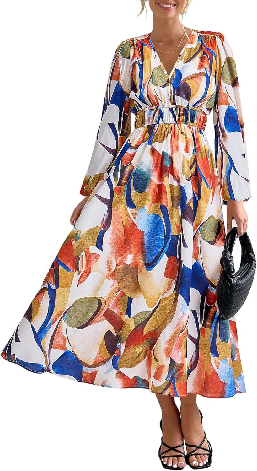 Zenlonr Women'S 2023 Fall Dresses Boho Floral Long Sleeve V Neck Smocked Flowy Beach Maxi Dress Blue Watercolour / Small